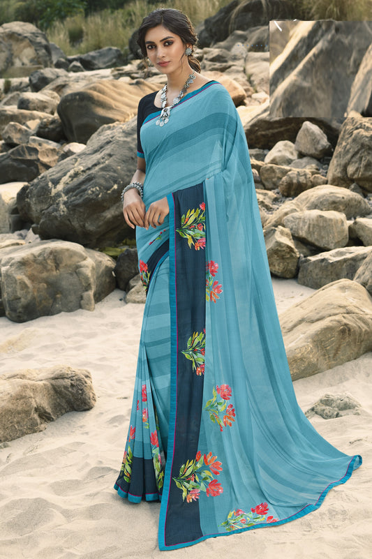 Vsaree Blue Banglori Flower Printed Pallu Saree With Banglori Blouse For Women