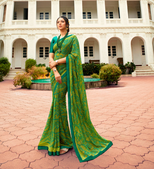 Vsaree Parrot Green Banglory Designer And Printed Work With Georgette Saree And Heavy Rich Pallu