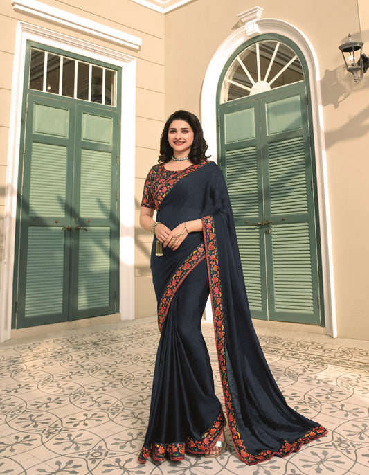 Vsaree Navy Blue Satin Banglori Printed And Designer Border Saree With Banglori Blouse For Women