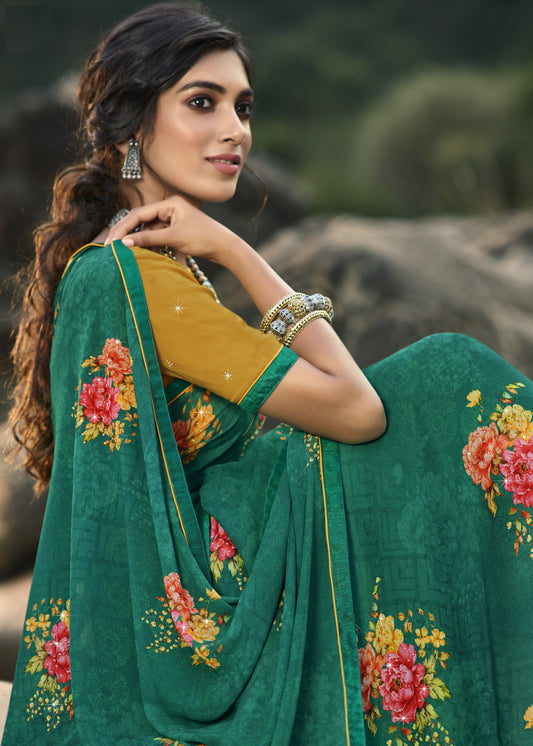 Vsaree Dark Green Banglori Flower Printed Pallu Saree With Banglori Blouse For Women