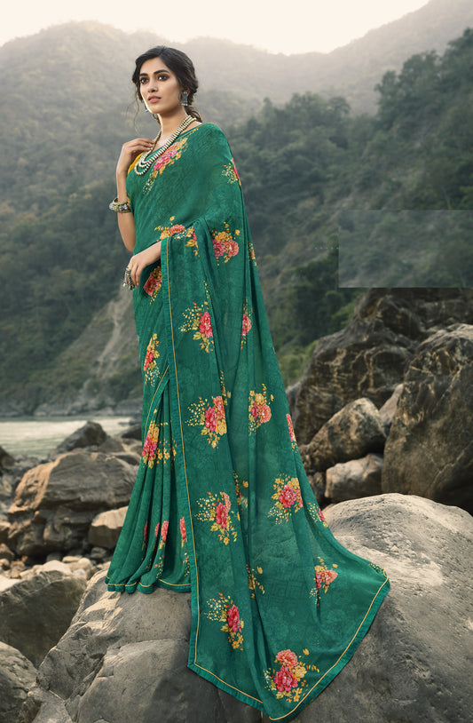 Vsaree Dark Green Banglori Flower Printed Pallu Saree With Banglori Blouse For Women