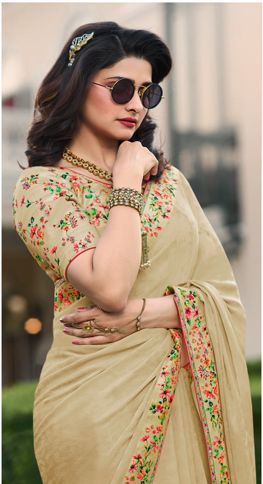 Vsaree Cream Satin Banglori Printed And Designer Border Saree With Banglori Blouse For Women