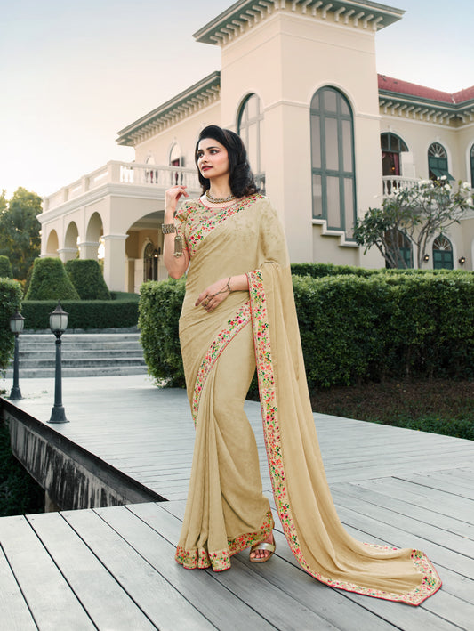 Vsaree Cream Satin Banglori Printed And Designer Border Saree With Banglori Blouse For Women