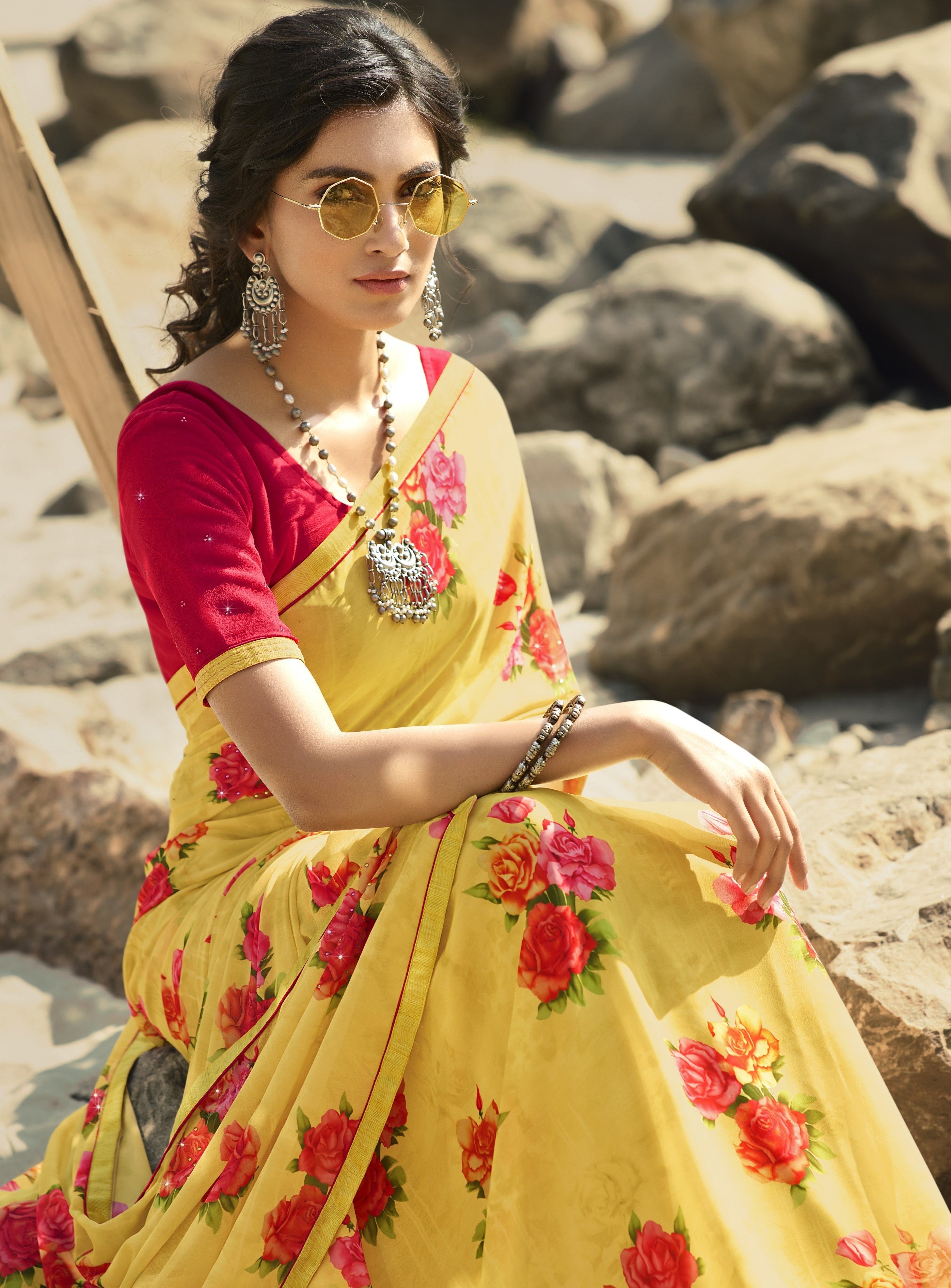 Vsaree Yellow Banglori Flower Printed Pallu Saree With Banglori Blouse For Women