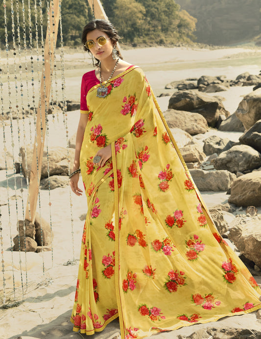 Vsaree Yellow Banglori Flower Printed Pallu Saree With Banglori Blouse For Women