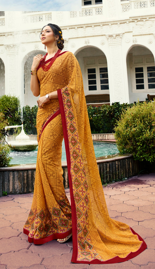 Vsaree Yellow Banglory Designer And Printed Work With Georgette Saree And Heavy Rich Pallu