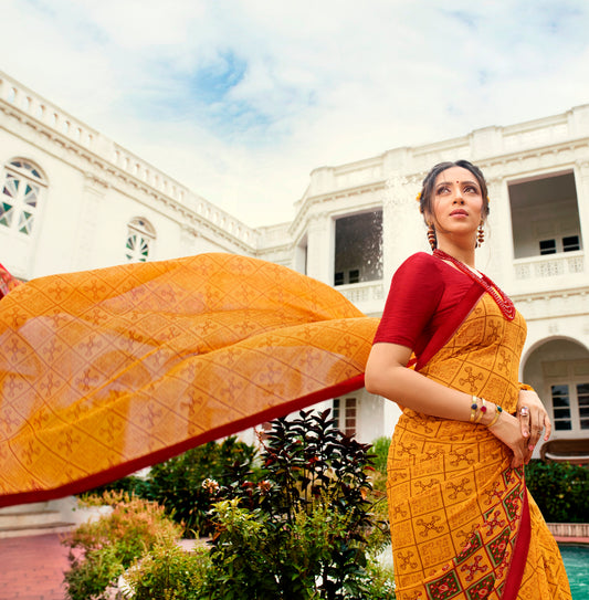 Vsaree Yellow Banglory Designer And Printed Work With Georgette Saree And Heavy Rich Pallu