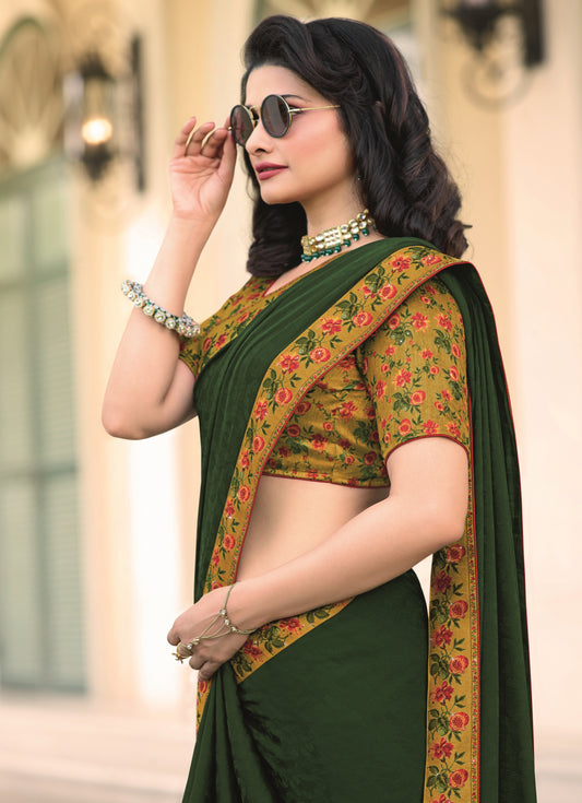 Vsaree Green Satin Banglori Printed And Designer Border Saree With Banglori Blouse For Women