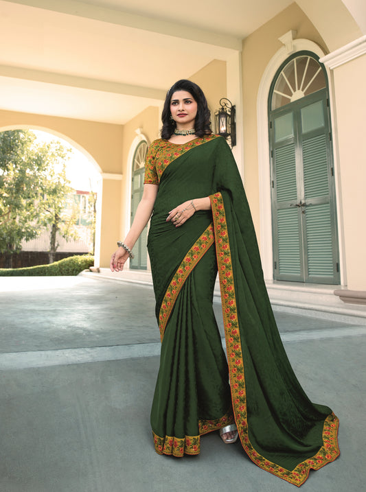 Vsaree Green Satin Banglori Printed And Designer Border Saree With Banglori Blouse For Women