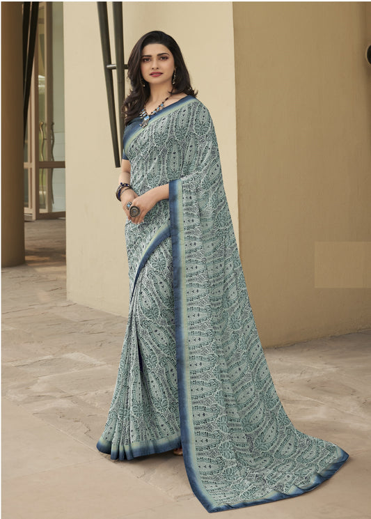 Vsaree Grey Malai Silk Saree And Printed Pallu & Contrast Border With Malai Silk Blouse For Women