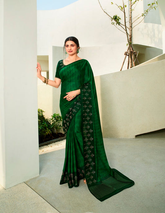 Vsaree Green Roto Ptinted Saree And Designer Border And Pallu With Roto Stone Work Blouse Piece For Women