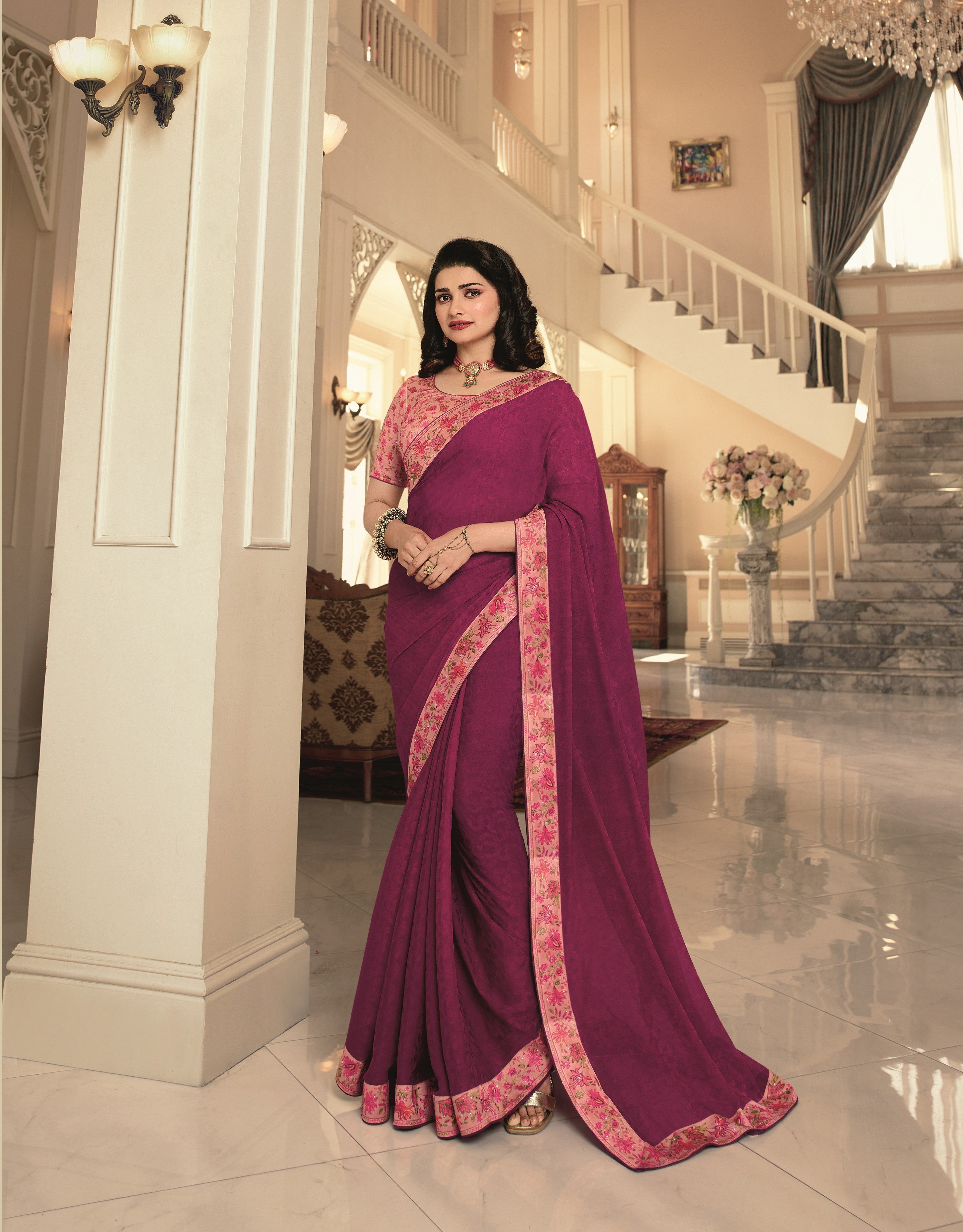 Vsaree Pink Satin Banglori Printed And Designer Border Saree With Banglori Blouse For Women