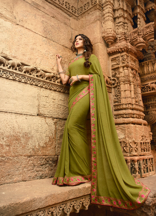 Vsaree Olive Georgette Printed Saree And Designer Border With Georgette Blouse For Women