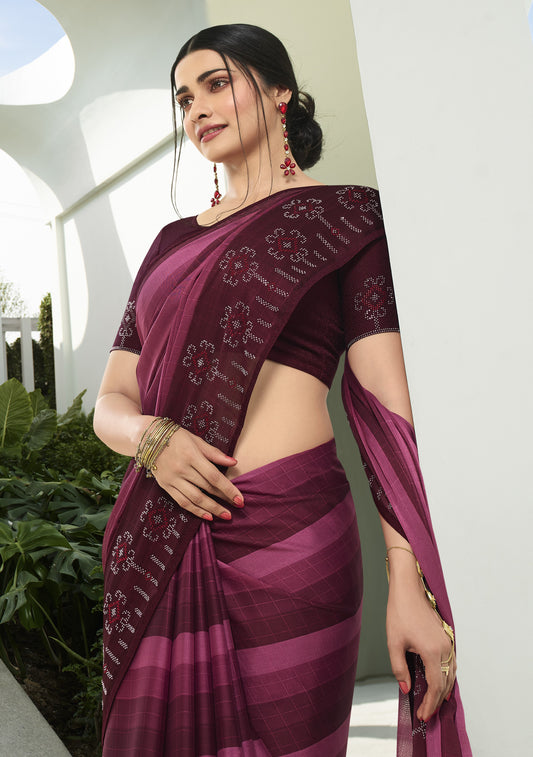 Vsaree Purple Roto Ptinted Saree And Designer Border And Pallu With Roto Stone Work Blouse Piece For Women