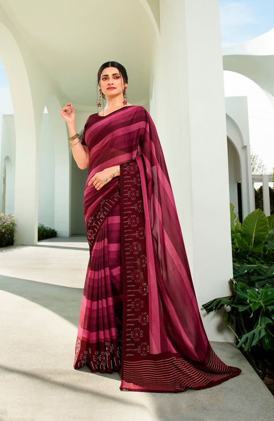 Vsaree Purple Roto Ptinted Saree And Designer Border And Pallu With Roto Stone Work Blouse Piece For Women