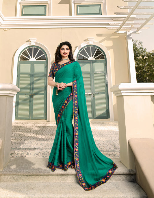 Vsaree Firozi Satin Banglori Printed And Designer Border Saree With Banglori Blouse For Women