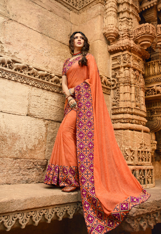 Vsaree Orange Georgette Printed Saree And Designer Border With Georgette Bouse For Women