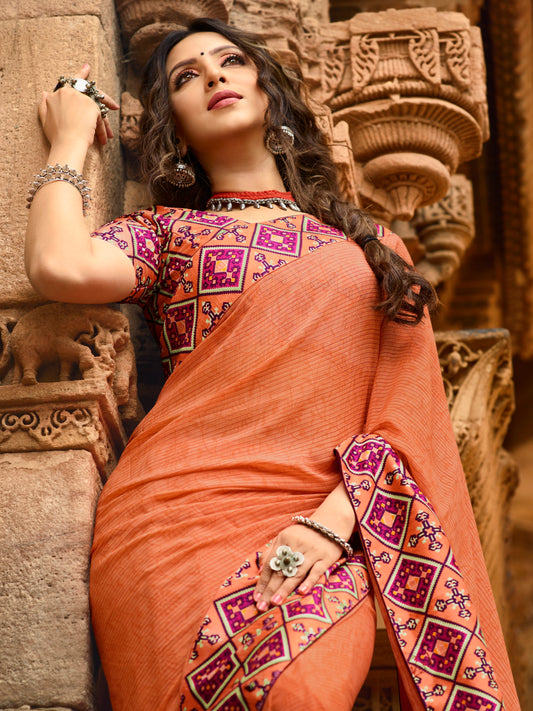 Vsaree Orange Georgette Printed Saree And Designer Border With Georgette Bouse For Women