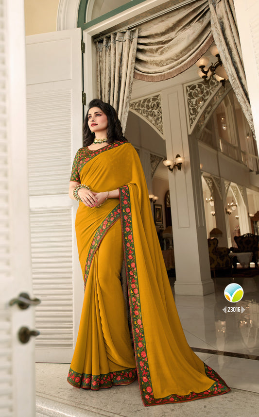 Vsaree Yellow Satin Banglori Printed And Designer Border Saree With Banglori Blouse For Women