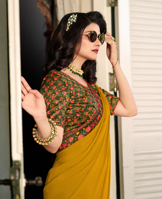 Vsaree Yellow Satin Banglori Printed And Designer Border Saree With Banglori Blouse For Women