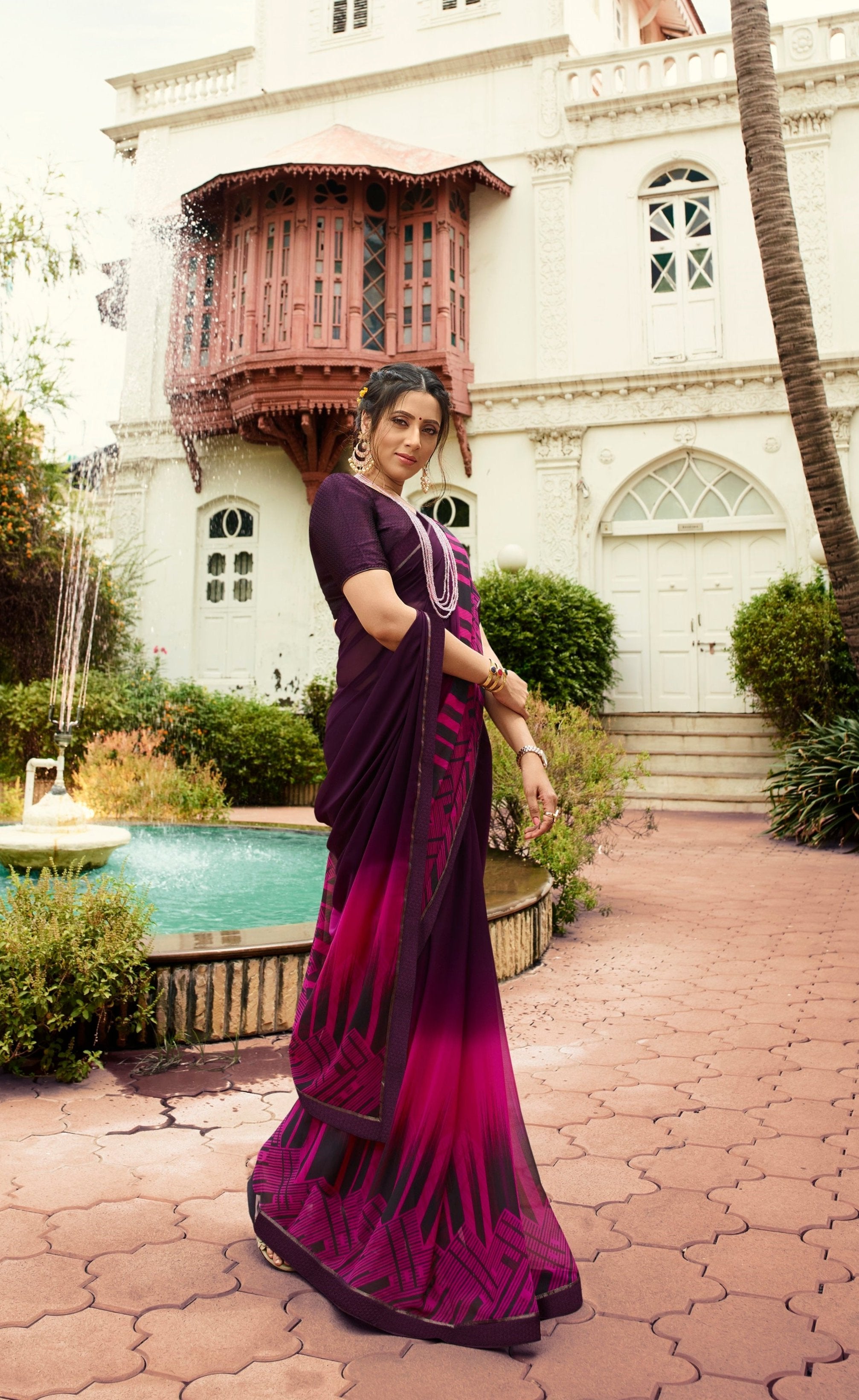 Vsaree Purple Banglory Designer And Printed Work With Georgette Saree And Heavy Rich Pallu