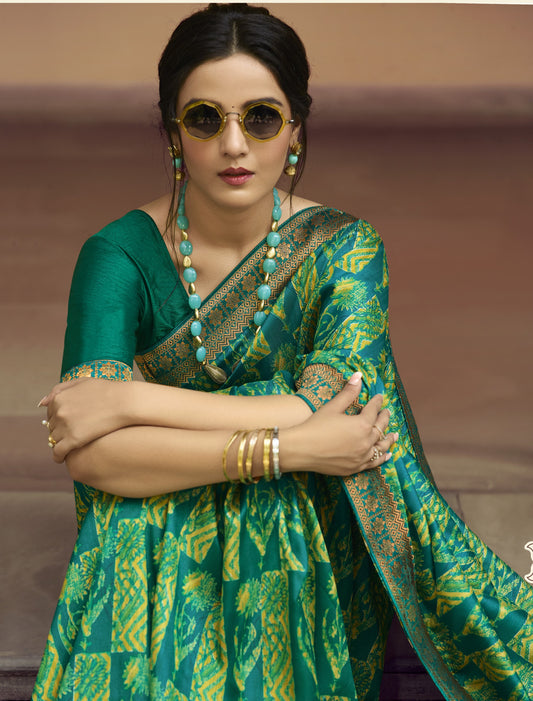 Vsaree Green Banglori Printed Pallu And Designer Border Saree With Banglori Blouse For Women