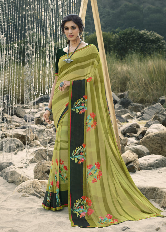 Vsaree Olive Green Banglori Flower Printed Pallu Saree With Banglori Blouse For Women