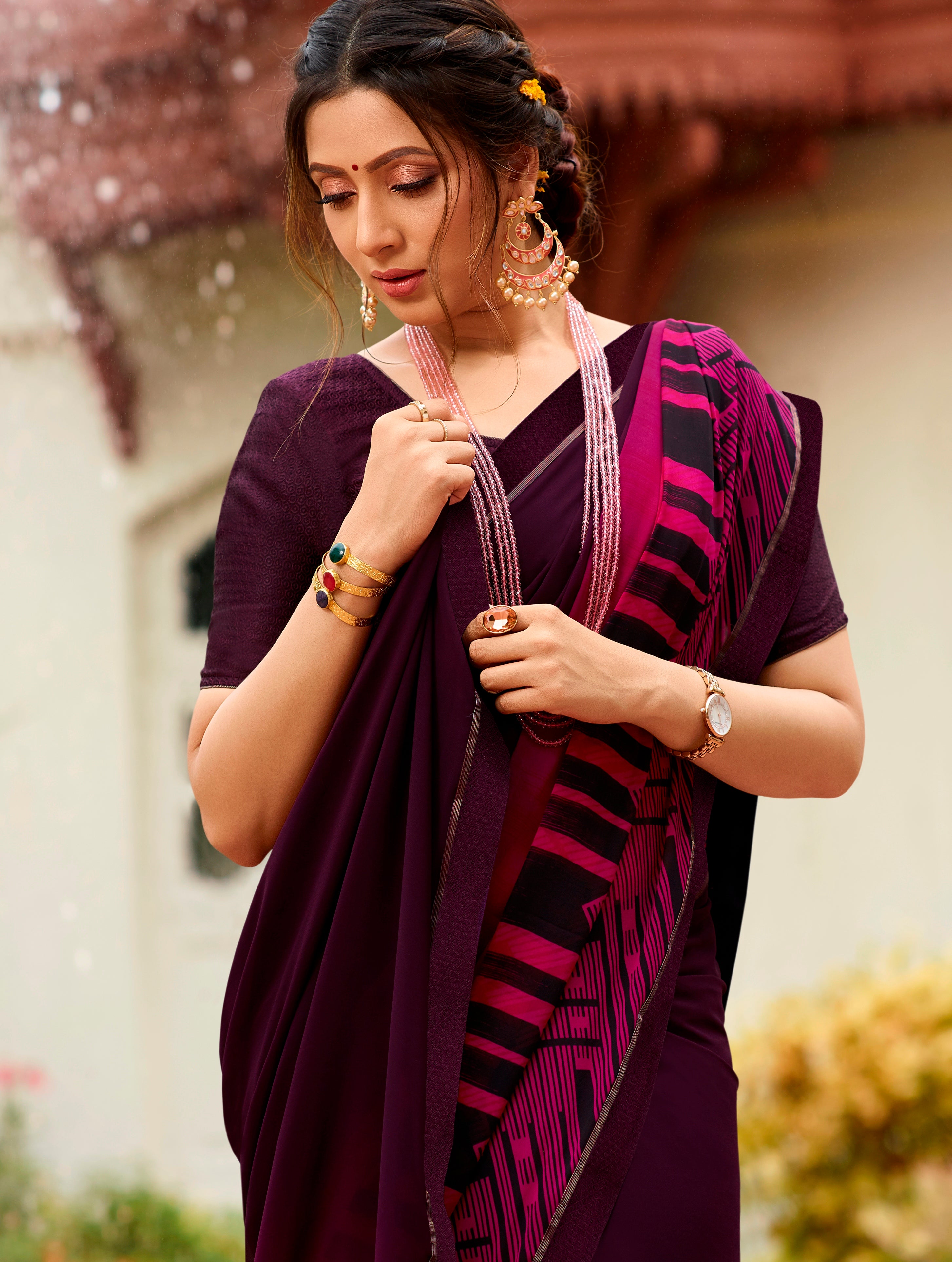 Vsaree Purple Banglory Designer And Printed Work With Georgette Saree And Heavy Rich Pallu