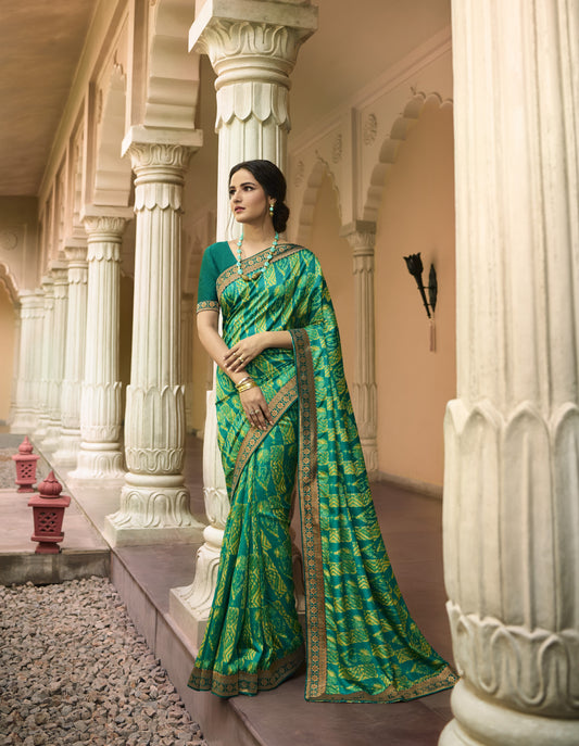 Vsaree Green Banglori Printed Pallu And Designer Border Saree With Banglori Blouse For Women