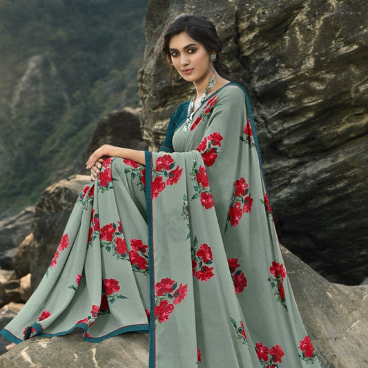 Vsaree Grey Banglori Flower Printed Pallu Saree With Banglori Blouse For Women