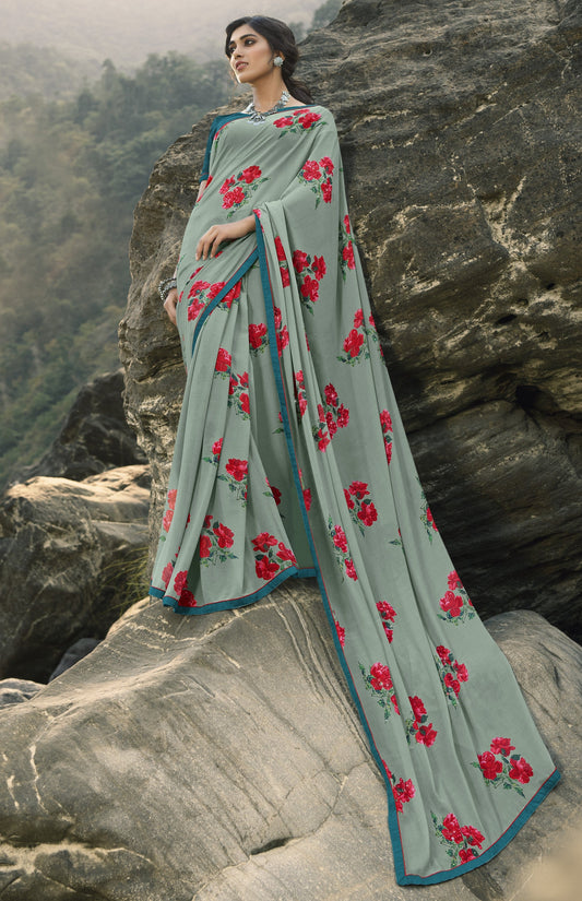 Vsaree Grey Banglori Flower Printed Pallu Saree With Banglori Blouse For Women