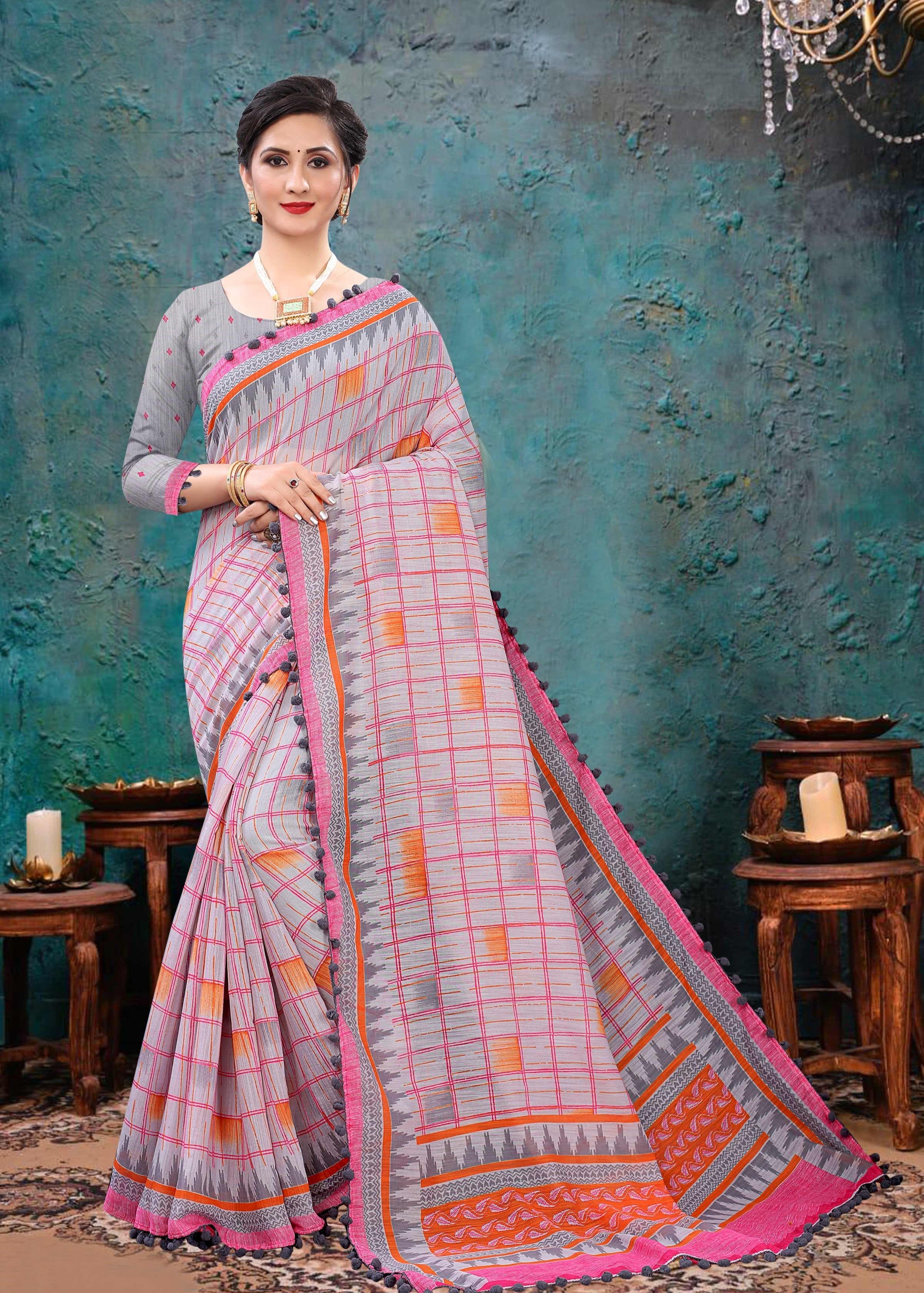 Vsaree Grey Soft Cotton Printed Saree With Heavy Border And Designer Saree And Blouse