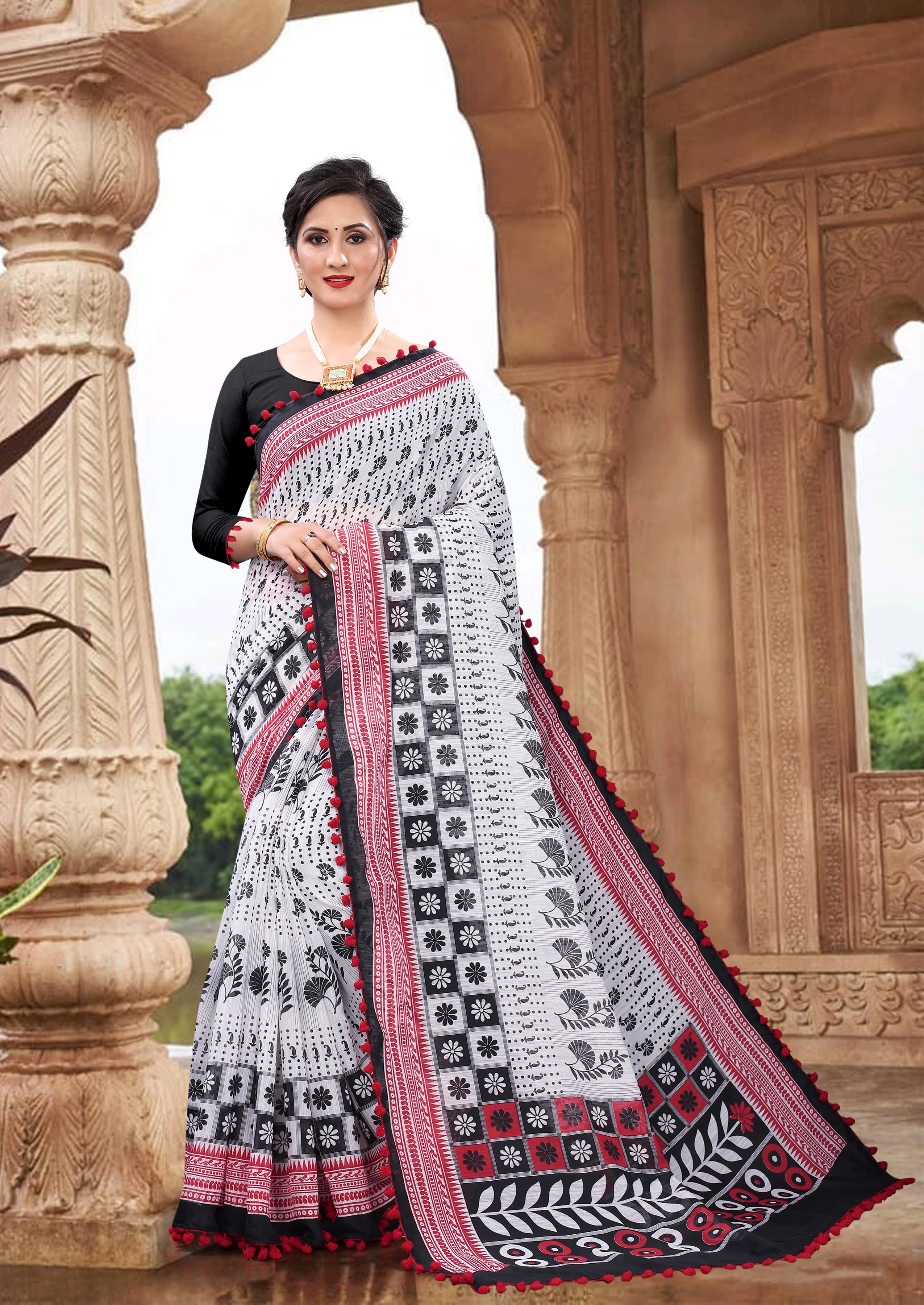 Vsaree White Soft Cotton Printed Saree With Heavy Border And Designer Saree And Blouse