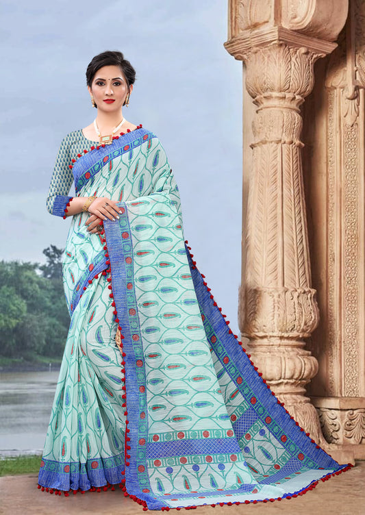 Vsaree Firozi Soft Cotton Printed Saree With Heavy Border And Designer Saree And Blouse