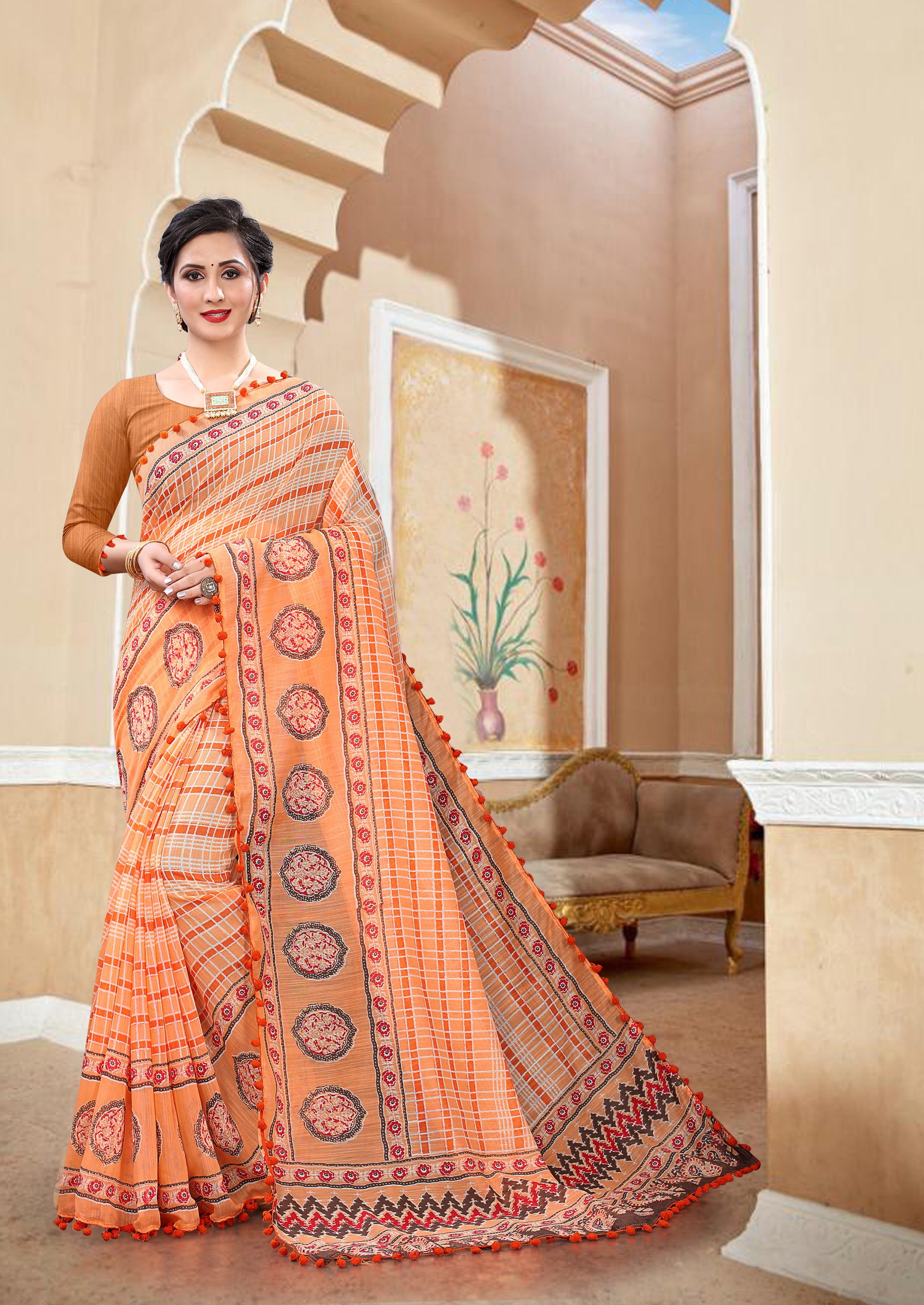 Vsaree Orange Soft Cotton Printed Saree With Heavy Border And Designer Saree And Blouse