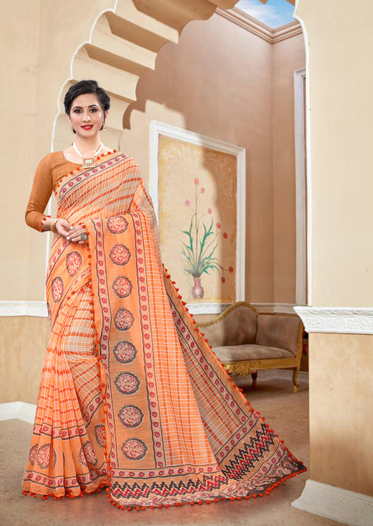 Vsaree Orange Soft Cotton Printed Saree With Heavy Border And Designer Saree And Blouse