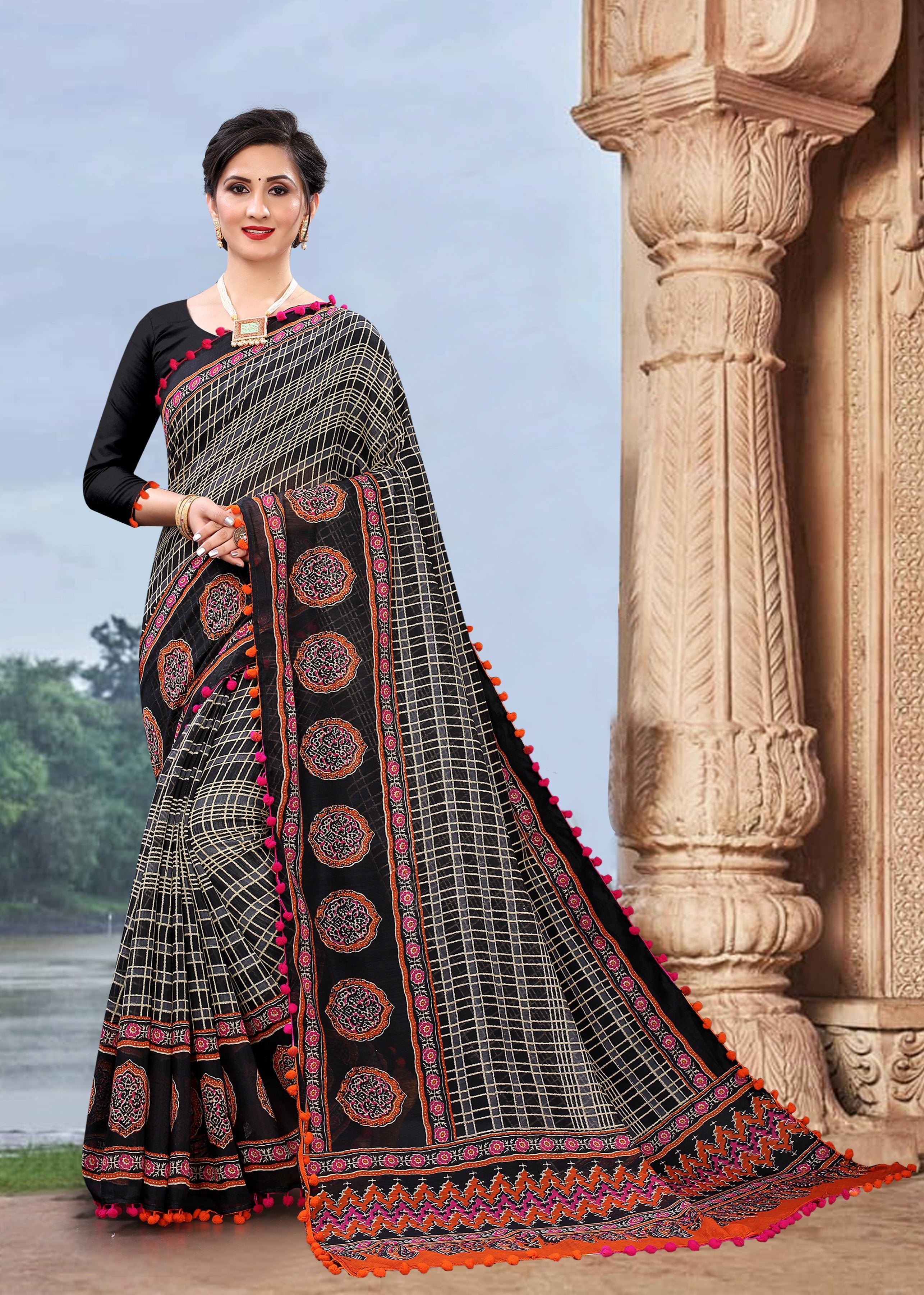 Vsaree Black Soft Cotton Printed Saree With Heavy Border And Designer Saree And Blouse