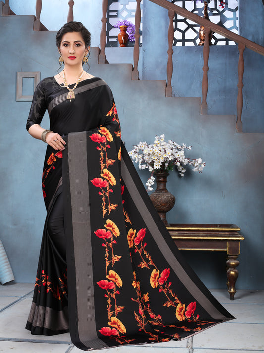 Vsaree Black Printed Japan Crape Saree With Designer Pallu And Blouse