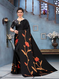 Vsaree Black Printed Japan Crape Saree With Designer Pallu And Blouse