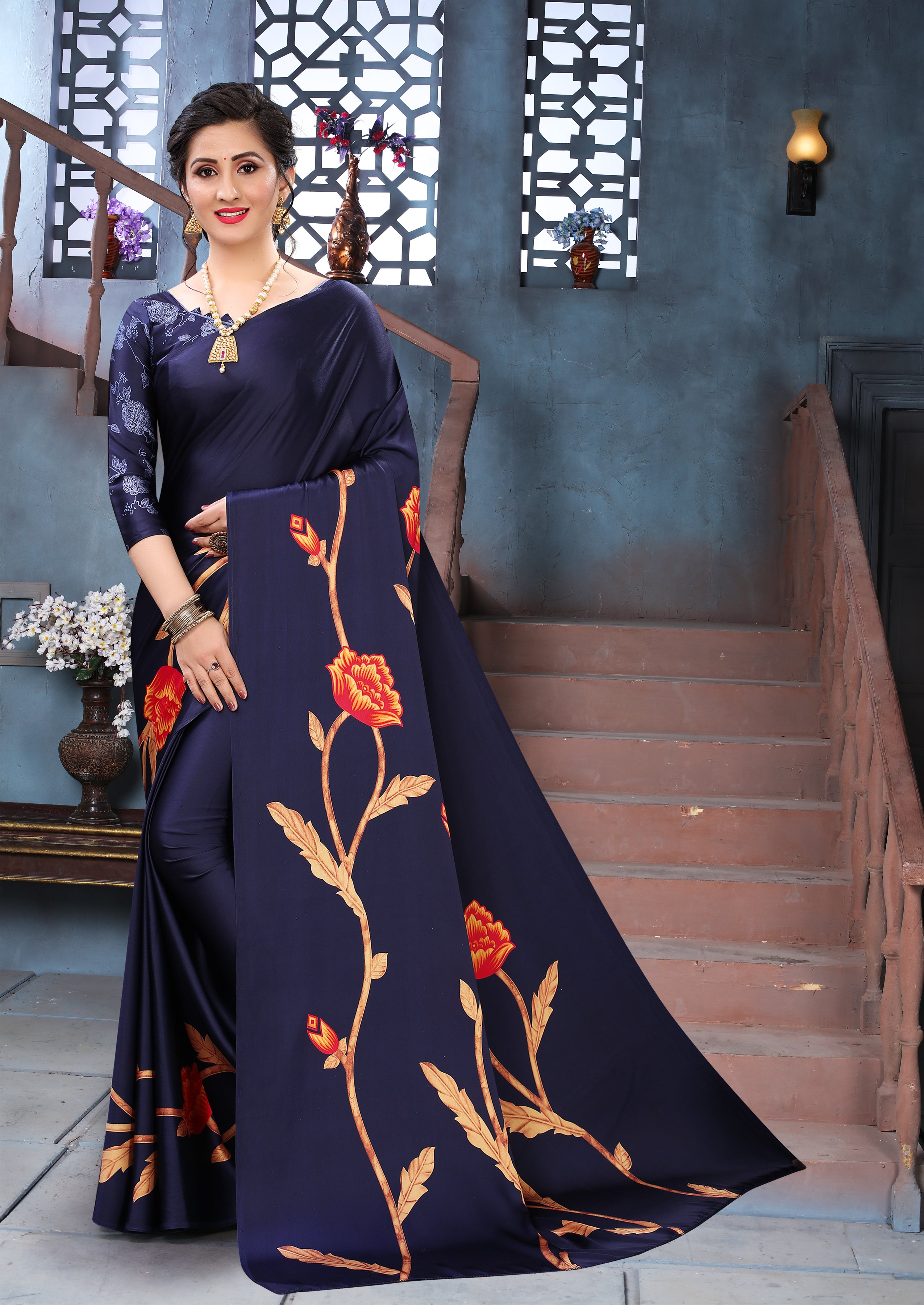 Vsaree Blue Printed Japan Crape Saree With Designer Pallu And Blouse