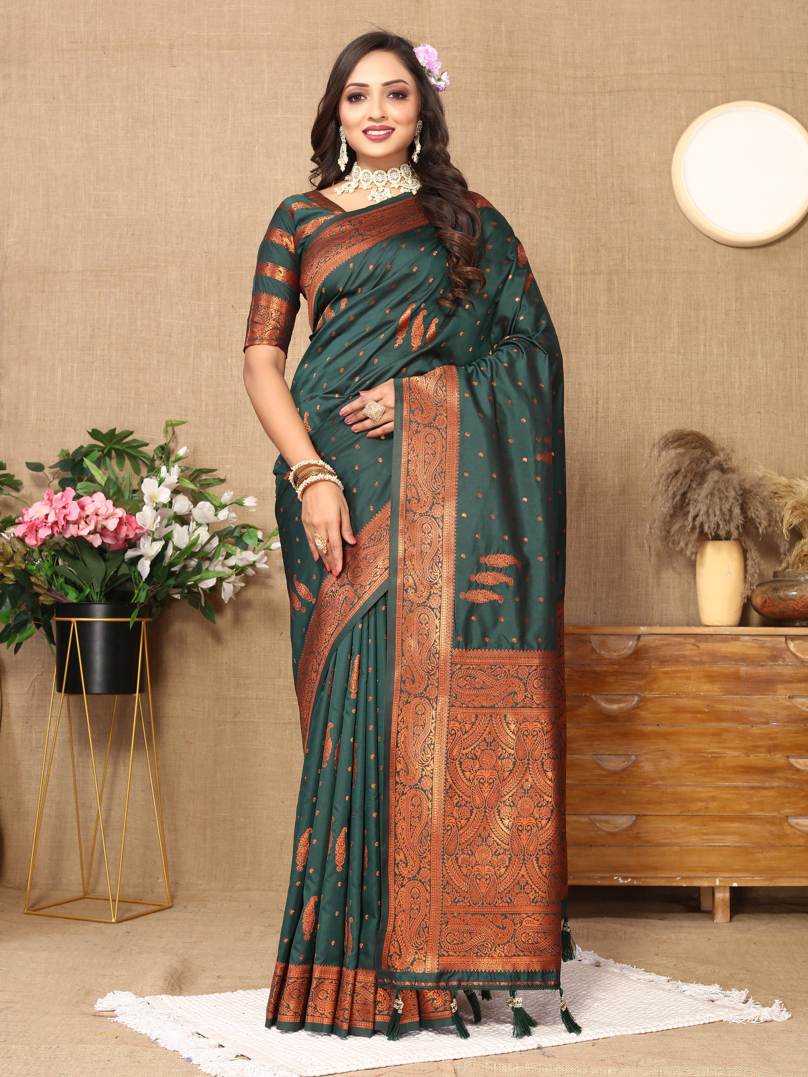 Vsaree Dark Green Soft Silk Saree With Heavy Rich Pallu And Zari Weaving Work With Blouse