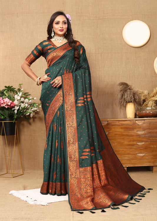 Vsaree Dark Green Soft Silk Saree With Heavy Rich Pallu And Zari Weaving Work With Blouse