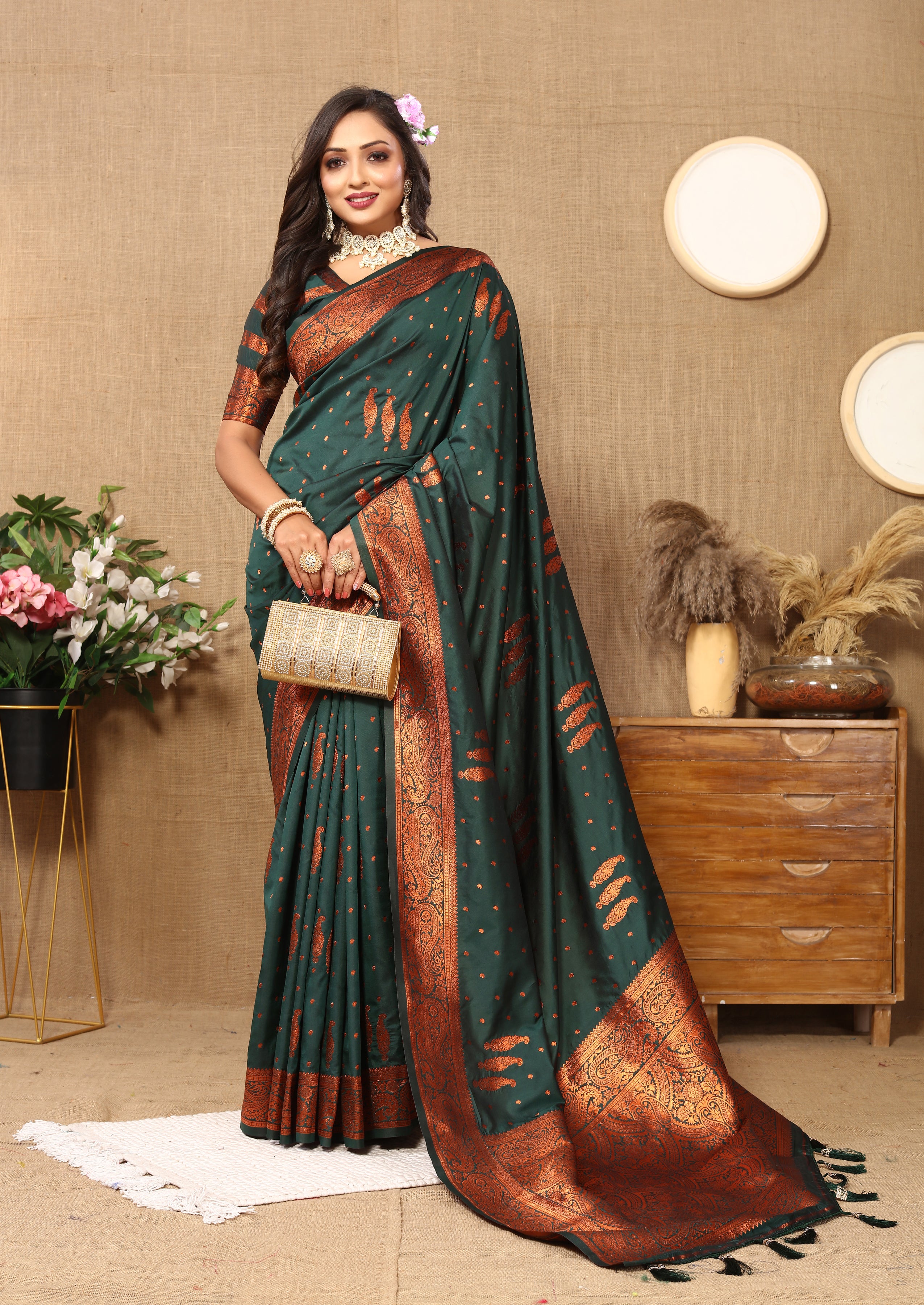 Vsaree Dark Green Soft Silk Saree With Heavy Rich Pallu And Zari Weaving Work With Blouse