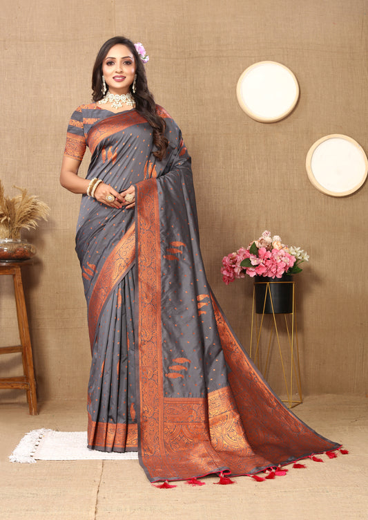 Vsaree Dark Grey Soft Silk Saree With Heavy Rich Pallu And Zari Weaving Work With Blouse