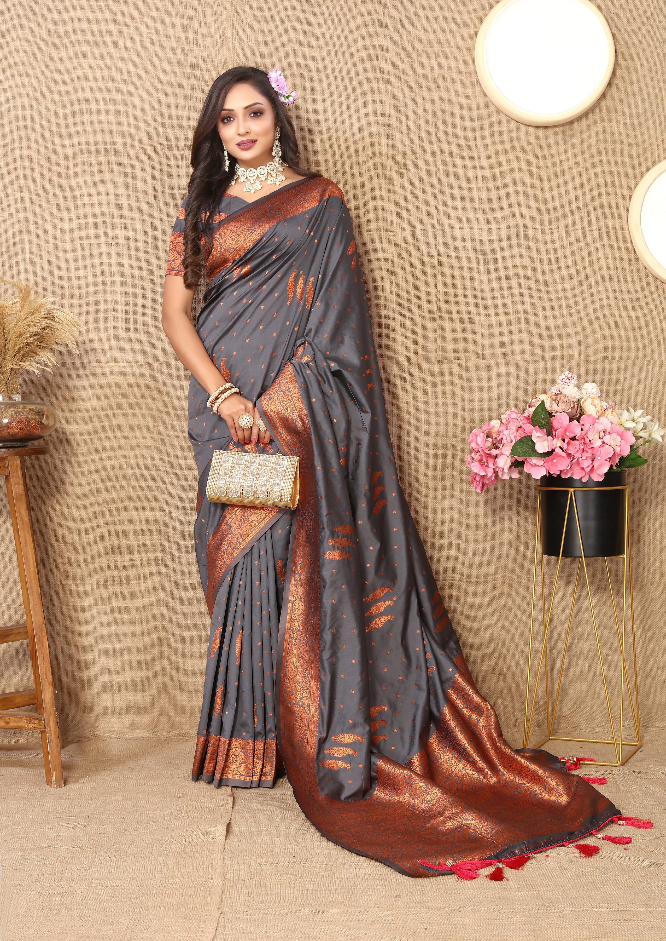 Vsaree Dark Grey Soft Silk Saree With Heavy Rich Pallu And Zari Weaving Work With Blouse