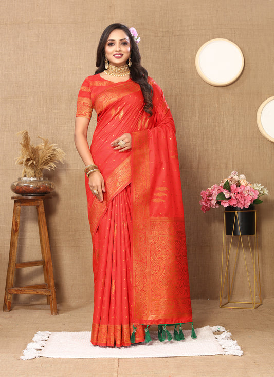 Vsaree Orange Soft Silk SareeWith Heavy Rich Pallu And Zari Weaving Work With Blouse