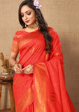 Vsaree Orange Soft Silk SareeWith Heavy Rich Pallu And Zari Weaving Work With Blouse