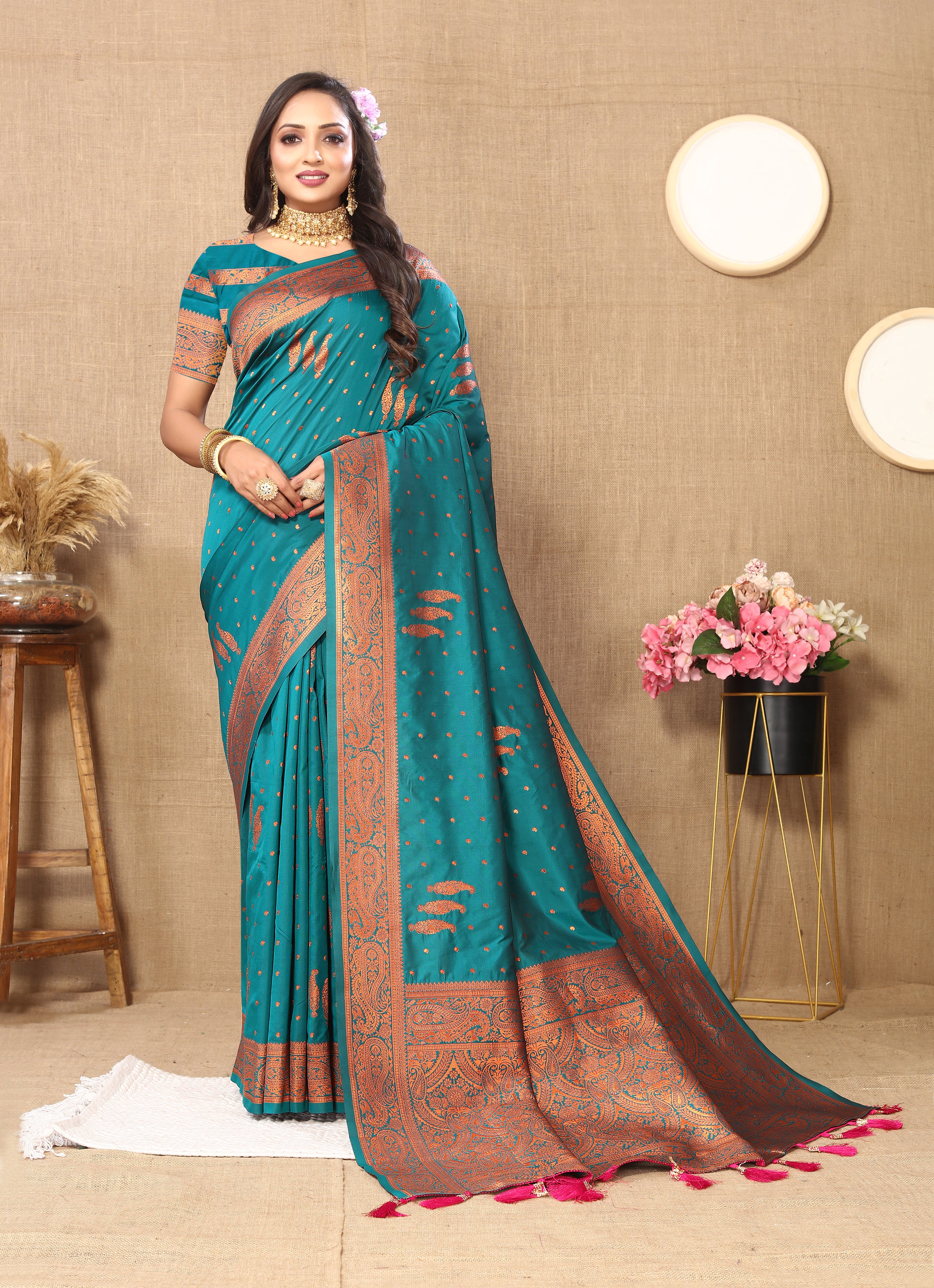 Vsaree Rama Soft Silk Saree With Heavy Rich Pallu And Zari Weaving Work With Blouse