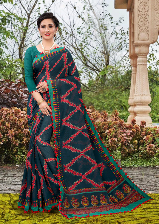 Vsaree Green Soft Cotton Printed Saree With Heavy Border And Designer Saree And Blouse