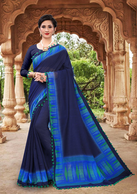 Vsaree Blue Soft Cotton Printed Saree With Heavy Border And Designer Saree And Blouse